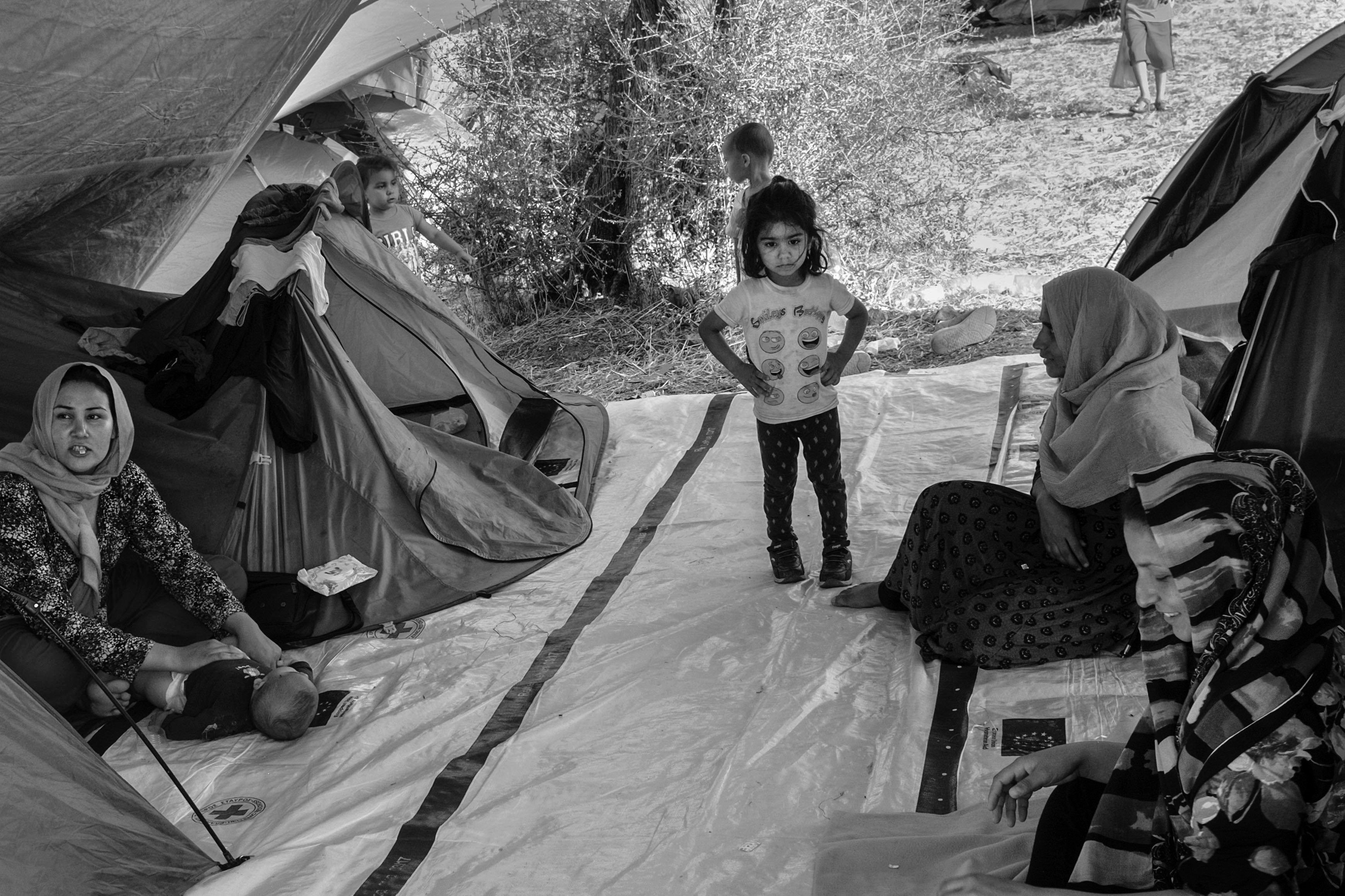 A Syrian family just arrived at the Olive Groove extension at refugee camp Moria, Lesbos, Greece