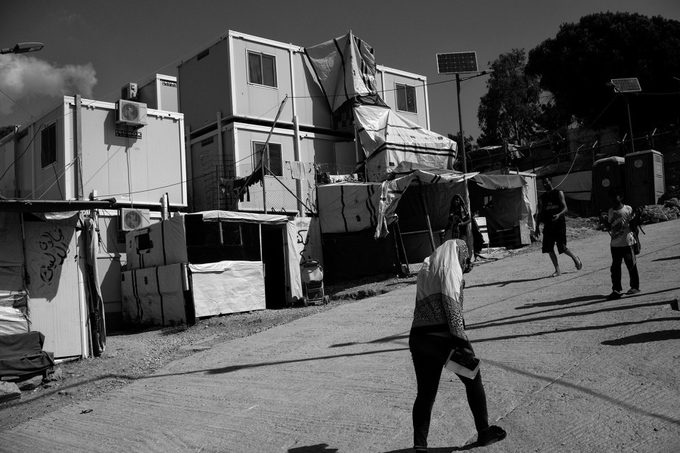 Stacked containers inside camp Moria, Lesbos, Greece.