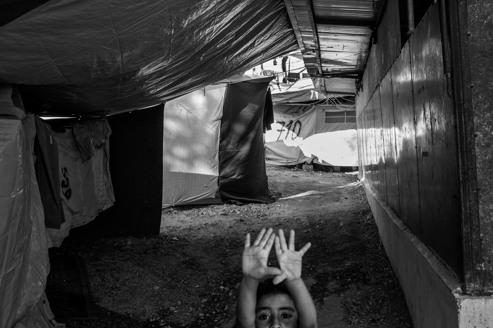 Tents are attached to each other inside the refugee camp Moria, Lesbos, Greece.